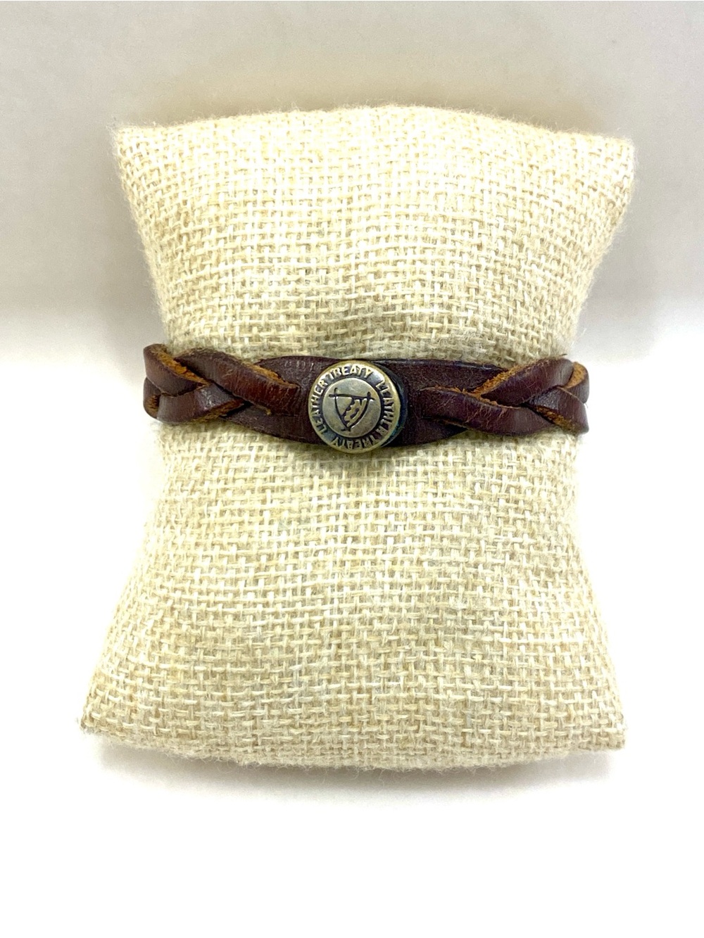 Braided Brown Leather Bracelet with Metal Medallion